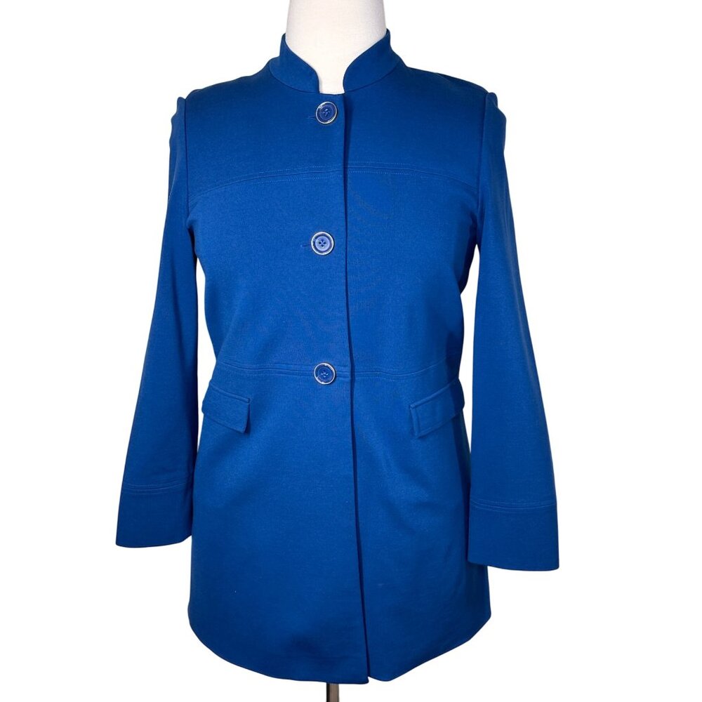 Chicos Jacket Womens Size 1 Blue Stand Collar Button Front Career Coat Pockets